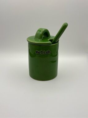 Pottery Barn Green Relish Condiment Jar with Spoon & Lid from BBQ Set